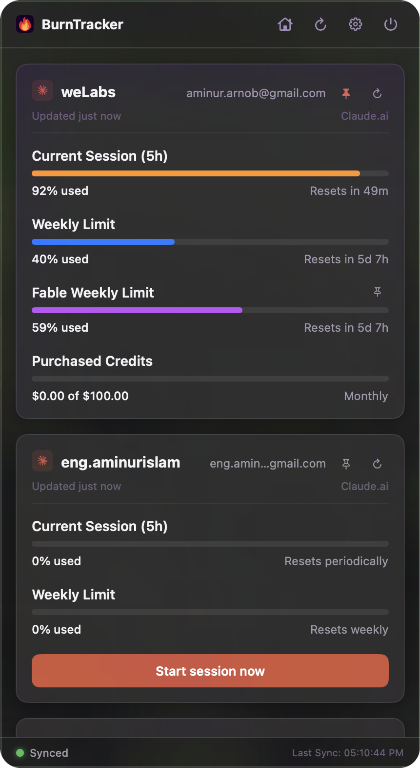 BurnTracker's menu bar popover showing session, weekly and per-model Fable usage bars plus purchased credits for two Claude accounts