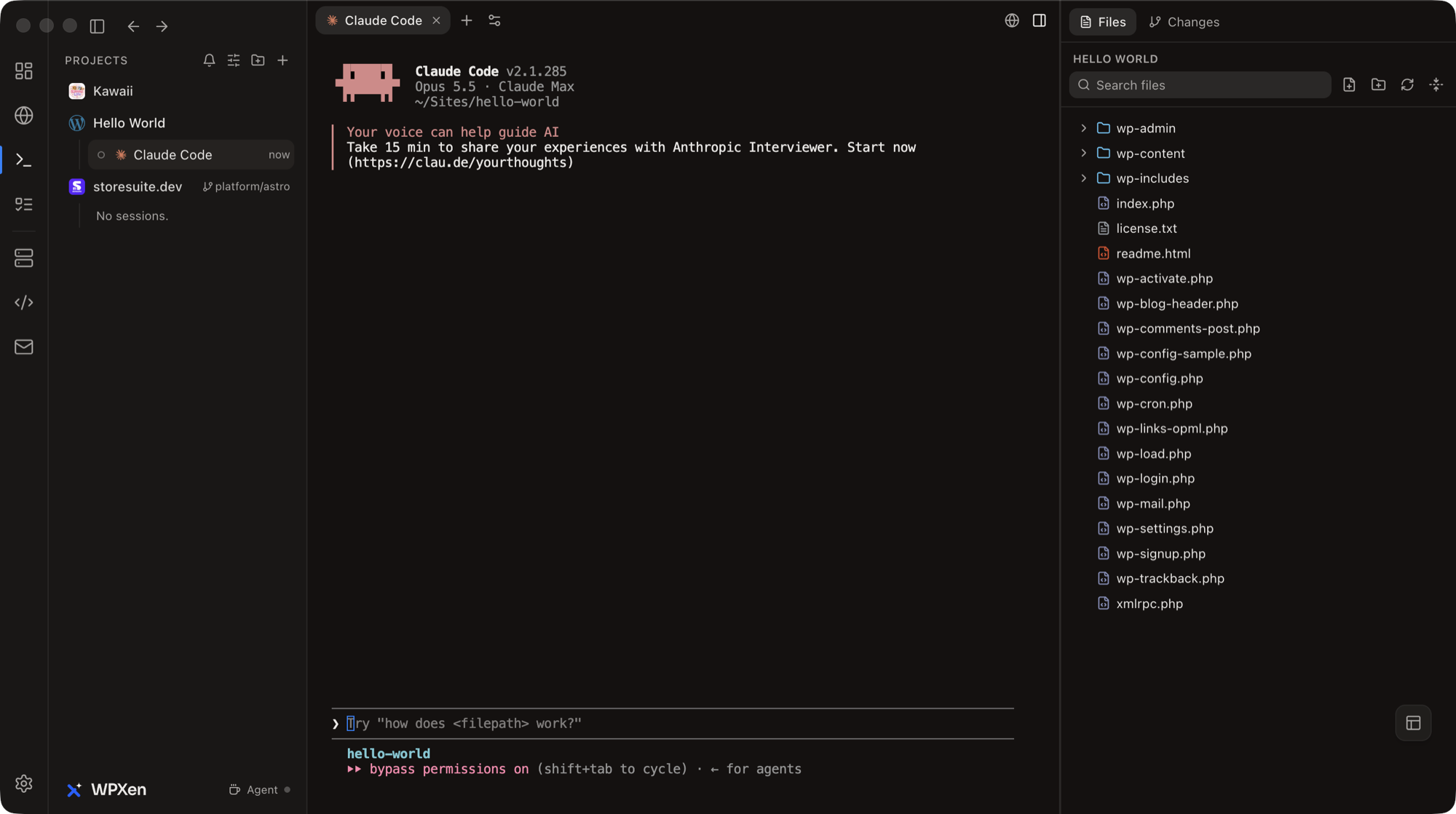 The WPXen window: a Projects sidebar of WordPress sites, a Claude Code agent session running in the Hello World site, and that site's files in the explorer on the right